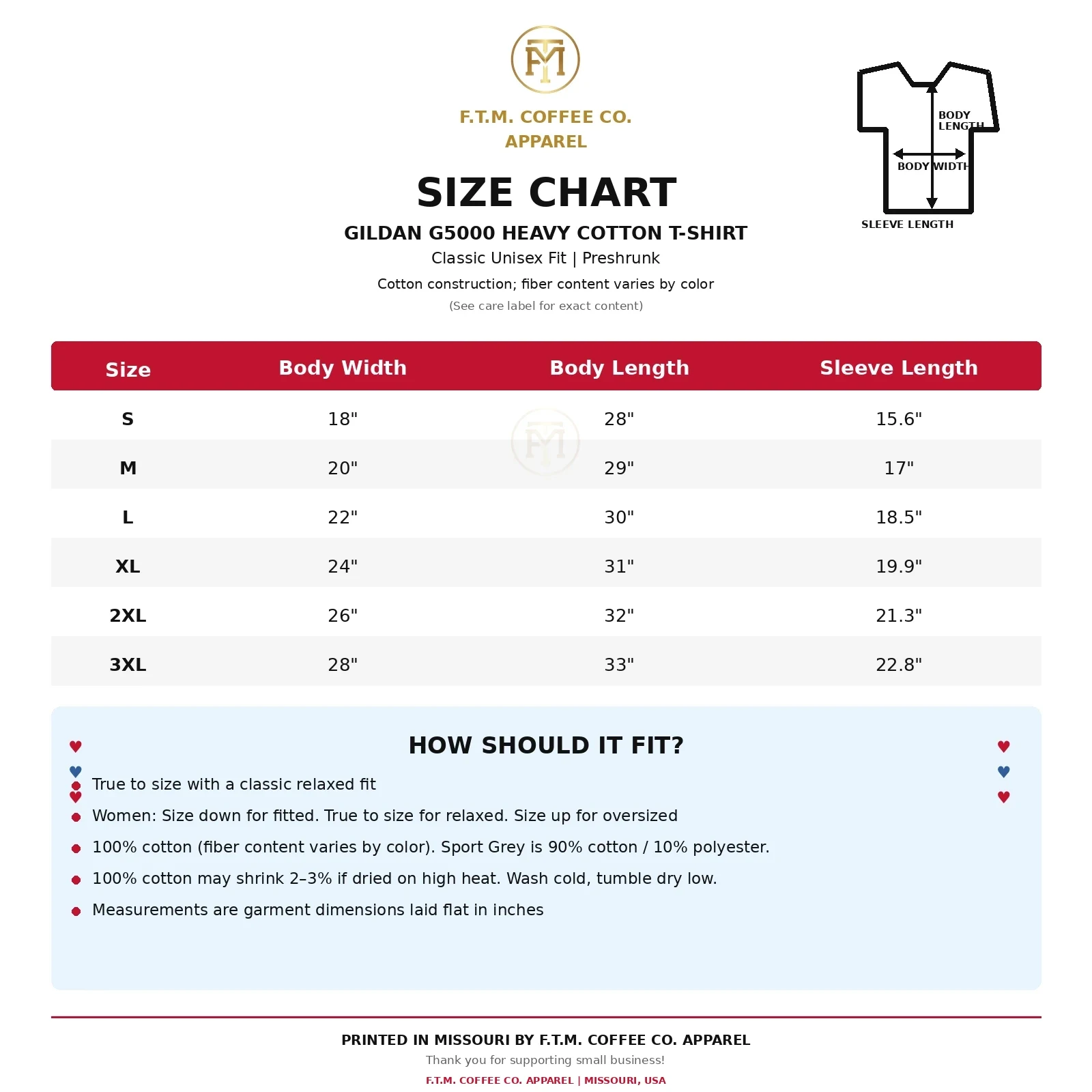 NMD Creations adult Gildan G5000 size chart